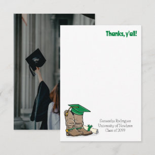 Carte De Remerciements Casquette de graduation verte et amorçage Cowboy