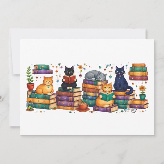 Carte De Remerciements Cats Reading Books Cozy Library Scene (Devant)