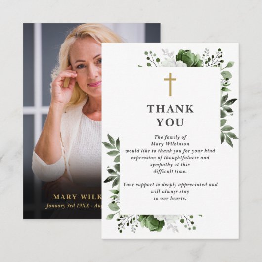 Carte De Remerciements Célébration Chrétienne Verte De La Vie Funéraire P (Devant / Derrière)