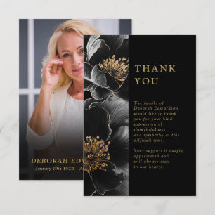 Carte De Remerciements Célébration de la vie funéraire en noir et or Phot
