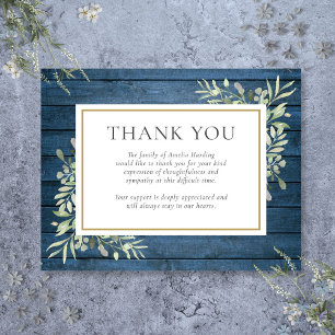 Carte De Remerciements Célébration de vie funéraire Blue Rustic Greenery