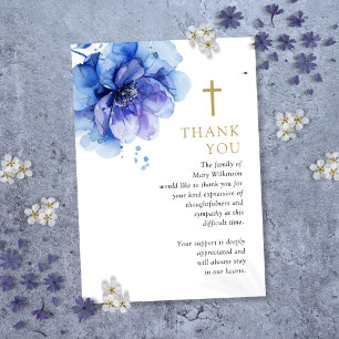 Carte De Remerciements Célébration funéraire chrétienne florale bleue de
