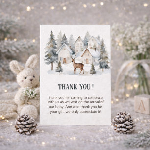 Carte De Remerciements Cerf d'hiver dans un village Aquarelle Baby Shower