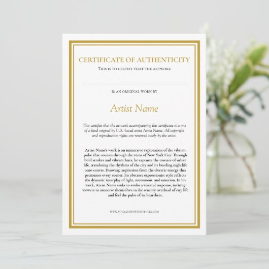 Carte De Remerciements Certificat d'authenticité avec déclaration d'artis (Debout devant)