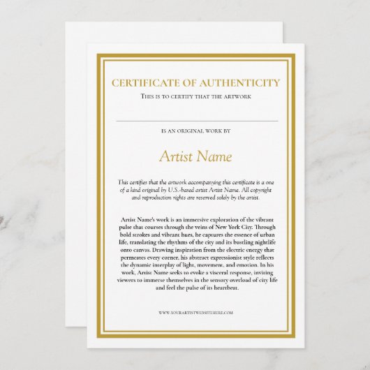 Carte De Remerciements Certificat d'authenticité avec déclaration d'artis (Devant / Derrière)
