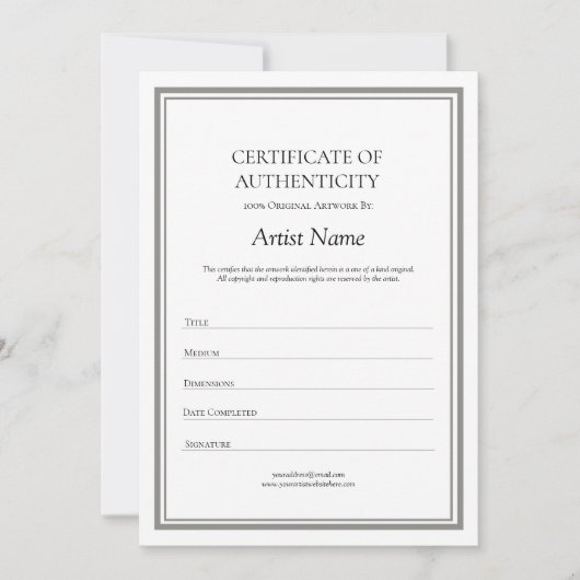 Carte De Remerciements Certificat d'authenticité neutre pour l'art (Devant)