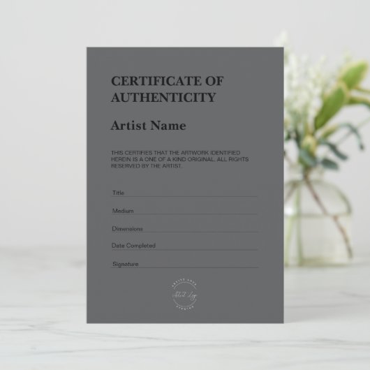 Carte De Remerciements Certificat d'Authenticité Thème Sombre Moderne (Debout devant)