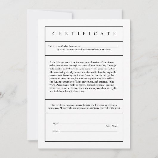 Carte De Remerciements Certificat moderne descriptif d'authenticité (Devant)