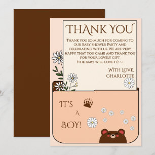 Carte De Remerciements C'est un garçon ! Ourson mignon et fleurs de margu