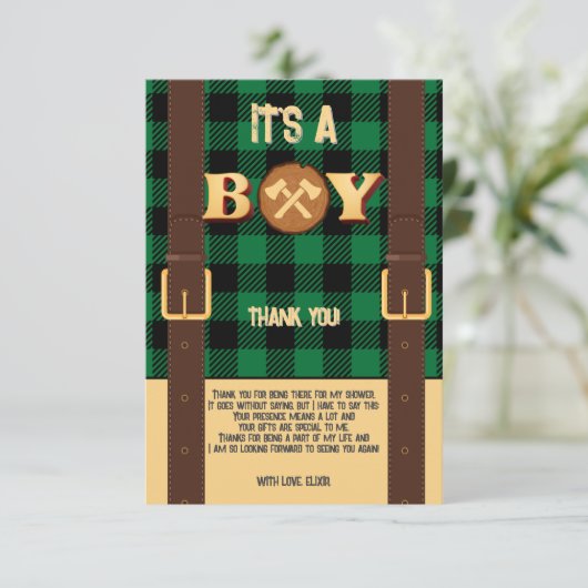 Carte De Remerciements C'est un garçon Rustic Lumberjack Flannel Baby sho (Debout devant)