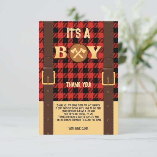 Carte De Remerciements C'est un garçon Rustic Lumberjack Flannel Baby sho (Debout devant)