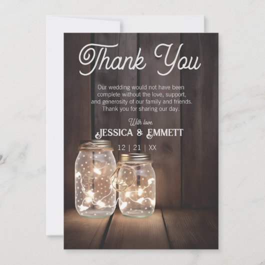 Carte De Remerciements Chaînes lumineuses en bois rustique Mariage Mason  (Devant)
