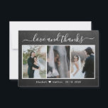 Carte De Remerciements Chalkboard Calligraphy Mariage Photo Collage<br><div class="desc">Rustique, Pays, Lettré à la main Chalkboard Mariage Photo Collage Carte de remerciements. Modèle mariage élégant avec trois (3) photos collage sur le devant et une photo sur le dos. Avec le texte "Amour et merci" dans une tourbillonnant police de script de typographie en blanc sur tableau noir gris ou...</div>