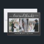 Carte De Remerciements Chalkboard Calligraphy Mariage Photo Collage<br><div class="desc">Rustique, Pays, Lettré à la main Chalkboard Mariage Photo Collage Carte de remerciements. Modèle mariage élégant avec trois (3) photos collage sur le devant et une photo sur le dos. Avec le texte "Amour et merci" dans une tourbillonnant police de script de typographie en blanc sur tableau noir gris ou...</div>