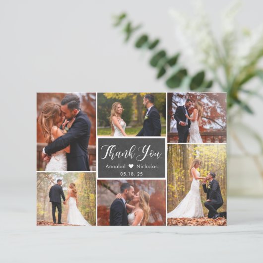 Carte De Remerciements Chalkboard Rustic Script 6 Photo Collage Mariage (Debout devant)
