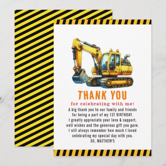 Carte De Remerciements Chariot de construction 1ère fête d'anniversaire (Devant / Derrière)
