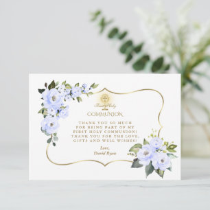 Carte De Remerciements Charm Blue Floral Gold Cross Garçon Sainte Communi