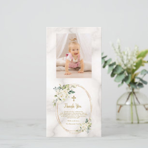 Carte De Remerciements Charm Fleurs blanches Croix d'or Christening photo