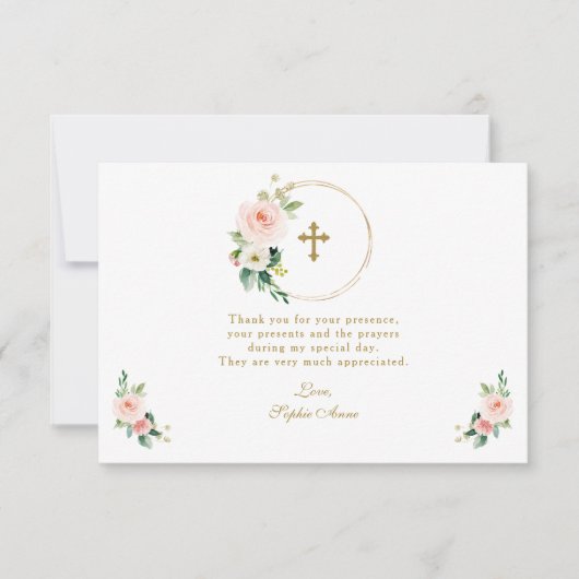 Carte De Remerciements Charm Rose Blush Floral Gold Cross Confirmation (Devant)