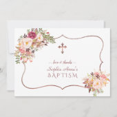 Carte De Remerciements Charm rose Fleurs Rose Croix d'or Baptême (Devant)