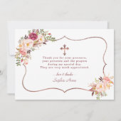 Carte De Remerciements Charm rose Fleurs Rose Croix d'or Baptême (Dos)