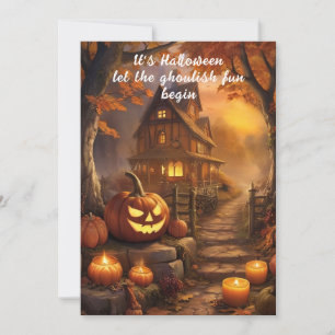 Carte De Remerciements Charmant chalet d'Halloween Éffrayant avec Citroui