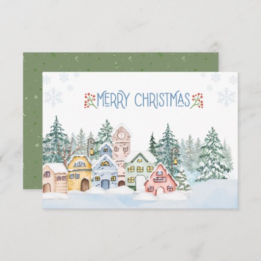 Carte De Remerciements Charmant village de neige aquarelle Noël (Devant / Derrière)