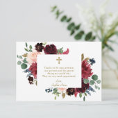 Carte De Remerciements Charme Bourgogne Fleurs rousses Croix Fille Baptêm (Debout devant)