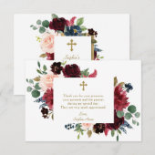 Carte De Remerciements Charme Bourgogne Fleurs rousses Croix Fille Baptêm (Devant / Derrière)