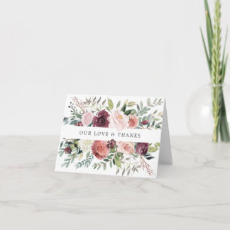 Carte De Remerciements Charme rustique Bourgogne Blush rose Mariage Flora