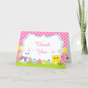 Carte De Remerciements Chasse aux oeufs de Pâques rose mignonne et poulet