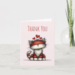 Carte De Remerciements Chat avec des cœurs d'amour rouges mignon et drôle