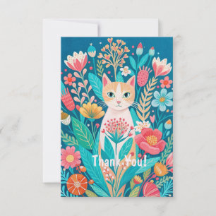 Carte De Remerciements Chat blanc mignon dessiné à la main et fleurs