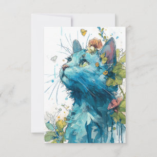 Carte De Remerciements Chat Bleu mignon avec Fleurs
