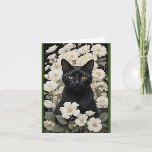 Carte De Remerciements chat noir en fleurs blanches (Devant)