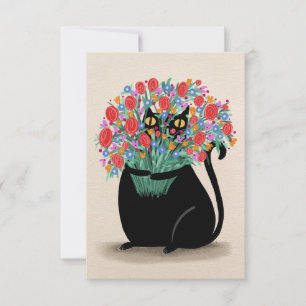 Carte De Remerciements Chat noir & fleurs