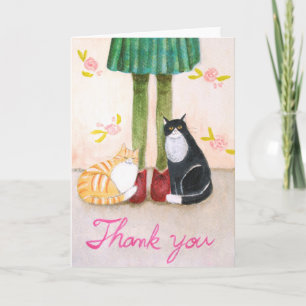 Carte De Remerciements Chat orange tabby et chat smoking câlinant une fil