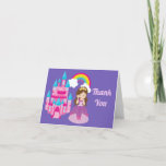 Carte De Remerciements Château de Birthday<br><div class="desc">A pretty purple princess birthday thank you card featuring a beautiful little girl in a queen ball gown with pink bows standing in front of a pink and ice blue castle. Cute way to send thanks after a childrens birthday party.</div>
