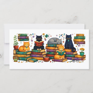 Carte De Remerciements Chats lisant des livres Scène de bibliothèque cosy
