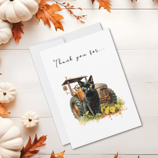 Carte De Remerciements Chatte noire d'automne avec tracteur