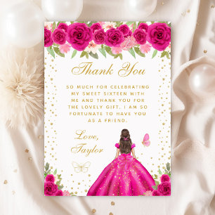 Carte De Remerciements Chaud rose Brunette Cheveux Princesse Sweet sixtee