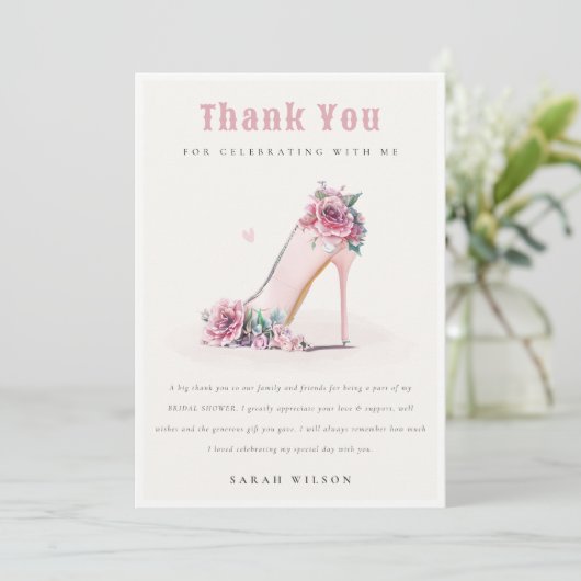Carte De Remerciements Chaussures à talons hauts rose blush doux Fleurs M (Debout devant)