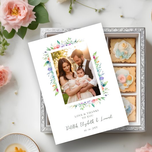 Carte De Remerciements Cherish Cute Floral Frame Christening Photo