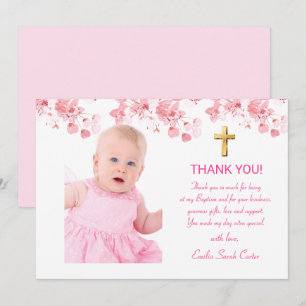 Carte De Remerciements Cherry Blossom Floral Photo Cross Girl Baptism