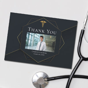 Carte De Remerciements Chic Black Gold Médicale School Photo Graduation