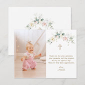Carte De Remerciements Chic Blanc Rose Floral Gold Girl Photo Baptême (Devant / Derrière)