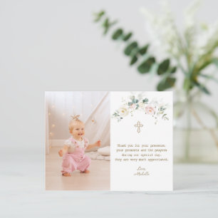 Carte De Remerciements Chic Blanc Rose Floral Gold Girl Photo Baptême