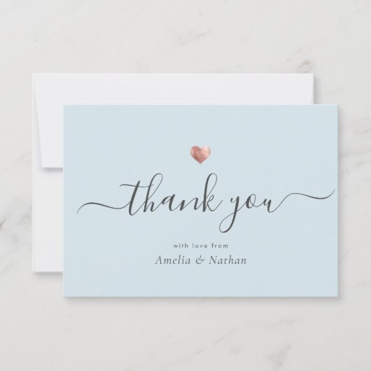 Carte De Remerciements Chic Bleu clair moderne Script Rose Gold Heart (Devant)