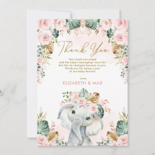 Carte De Remerciements Chic Boho Elephant Blush rose Baby shower Floral