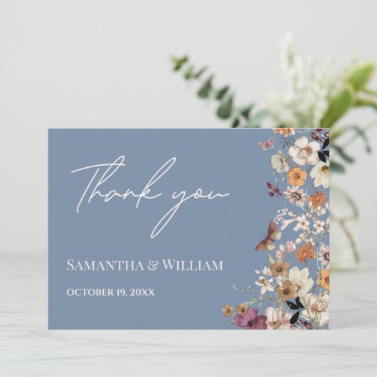 Carte De Remerciements Chic Boho Fleur sauvage Rustic Periwinkle Mariage (Debout devant)